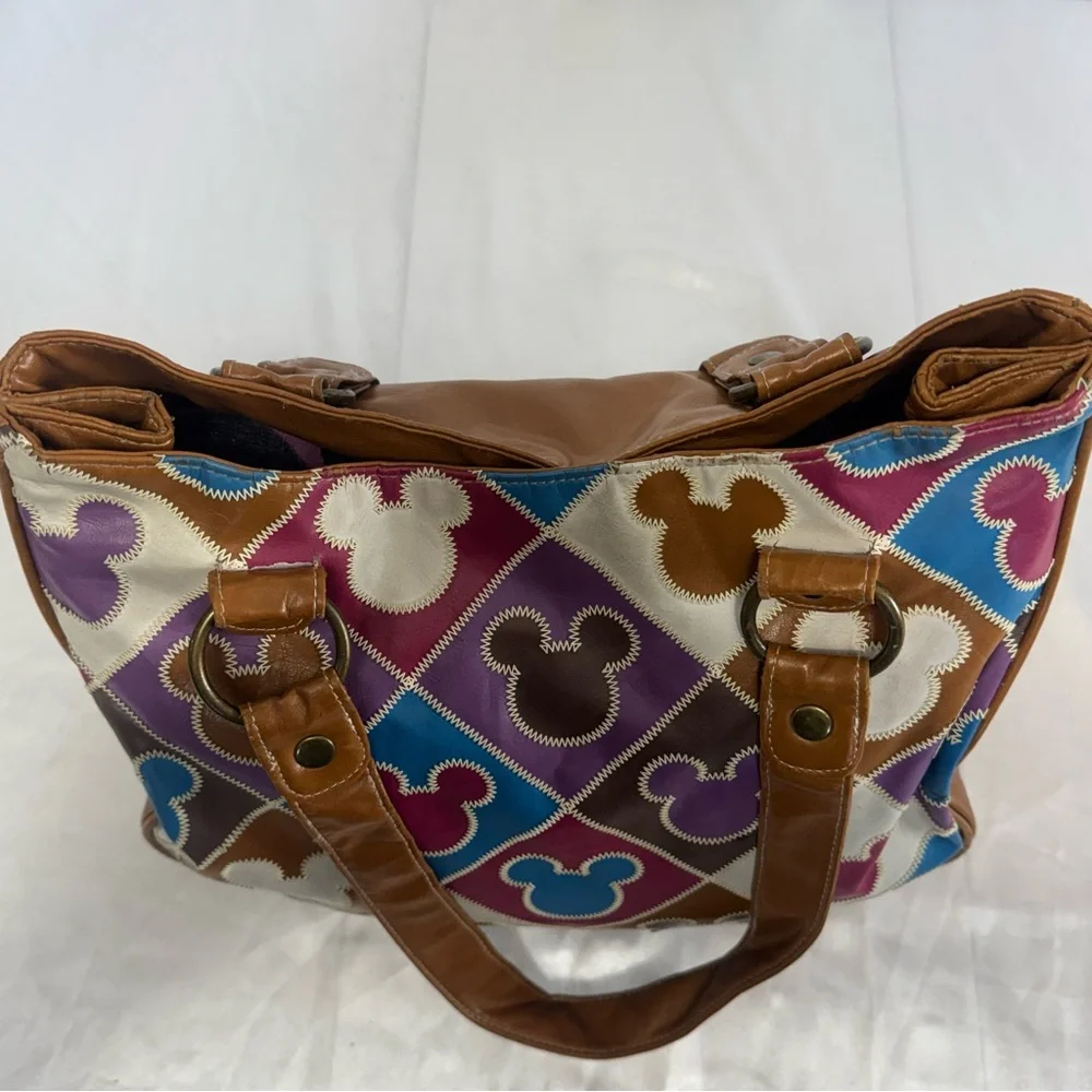 Disney Parks Mickey Mouse Multicolor Patchwork Tote Hobo Sa Bag with Brown Trim - Picture 8 of 14